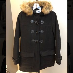 Black fur trim wool coat